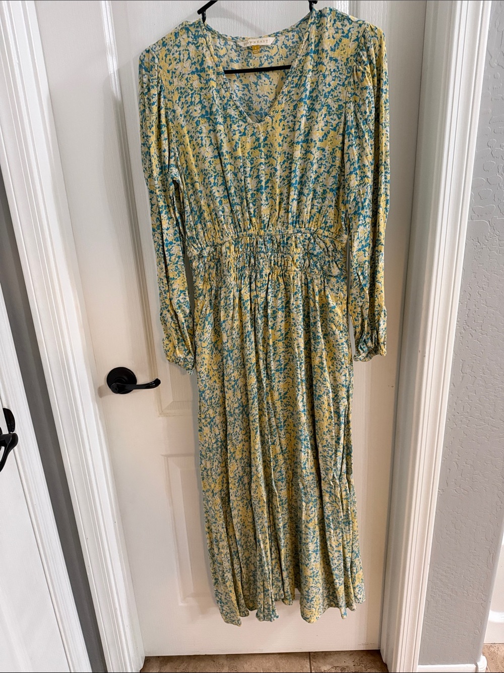 DownEast Yellow Floral V-Neck Maxi Dress with Teal Print